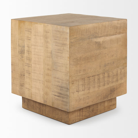 Wooden cube side table on a white background