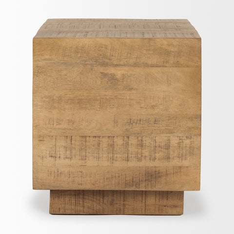 Wooden side table with a textured surface on a white background