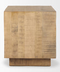 Wooden side table with a textured surface on a white background