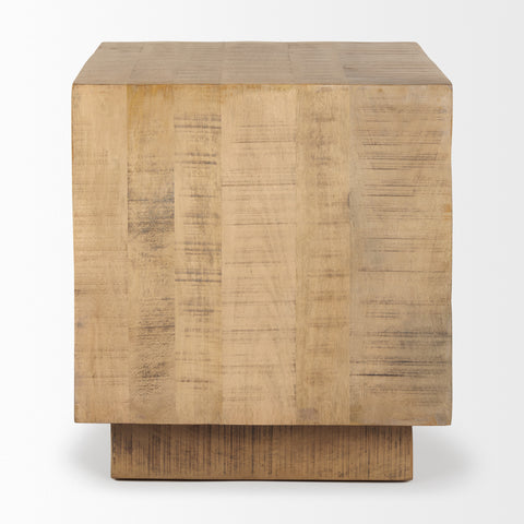 Wooden side table with a textured surface on a white background
