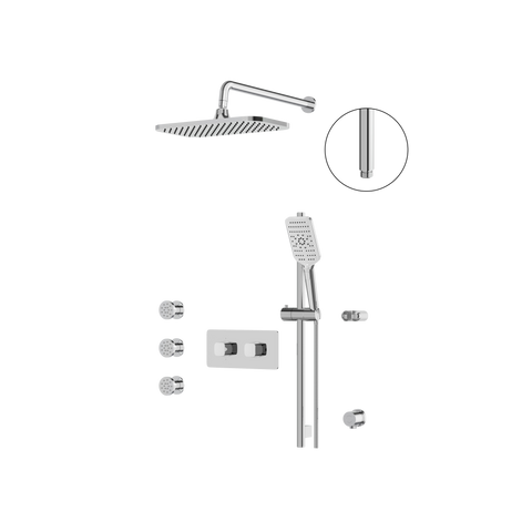 INABOX03 Polished Chrome 3-Way Non-Shared Thermostatic Shower Kit with Rectangular Rainhead and 3 Body Jets - Aquabrass-1
