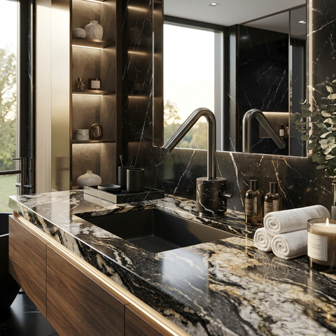 Marmo Black Marquina Brushed Black Chrome Single Hole Bathroom Faucet