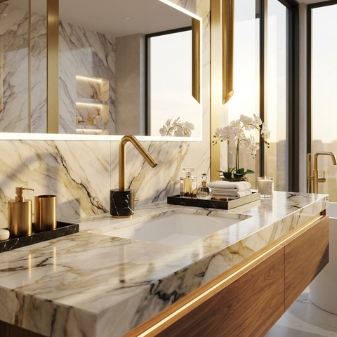 Marmo Black Marquina Brushed Gold Single Hole Bathroom Faucet