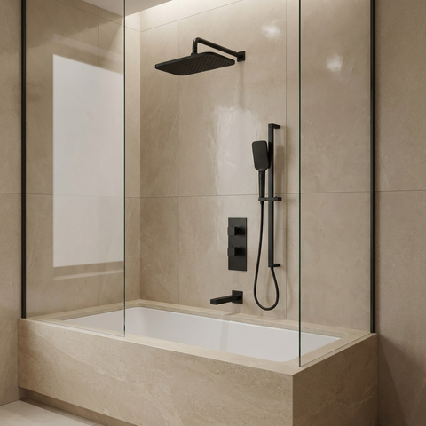 MiamiBox02 Black 3-Way Shared Thermostatic Tub and Shower System Trim Kit