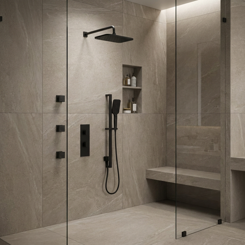MiamiBox03 Black 3-Way Shared Thermostatic Shower Kit with 3 Body Jets 