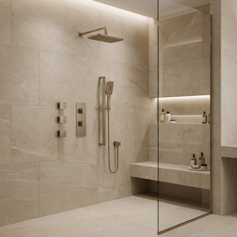 MiamiBox03 Brushed Nickel 3-Way Shared Thermostatic Shower Kit with 3 Body Jets 