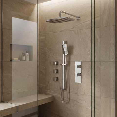 MiamiBox03 Polished Chrome 3-Way Shared Thermostatic Shower Kit with 3 Body Jets 