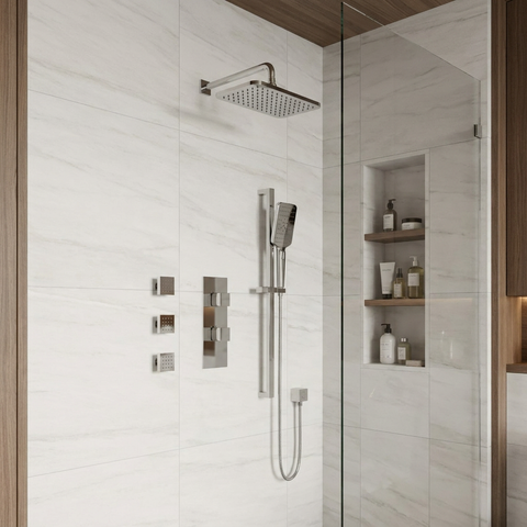 MiamiBox03 Polished Nickel 3-Way Shared Thermostatic Shower Kit with 3 Body Jets