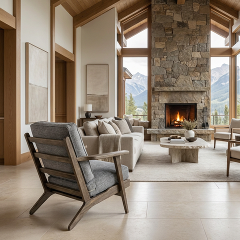 Olympus V Castlerock Grey Fabric & Brown Wood Accent Chair