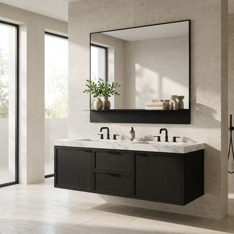 Otavi Black Modern Wall Mirror with Shelf