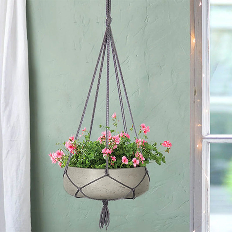 Circular Small Hanging Pot With Netting (Cement Grey) -Planter