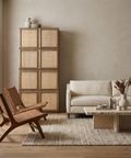 Sina Brown Solid Oak and Natural Rattan Curio Cabinet 
