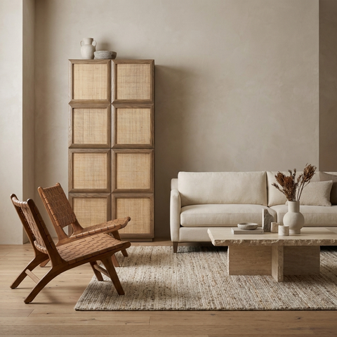 Sina Brown Solid Oak and Natural Rattan Curio Cabinet 