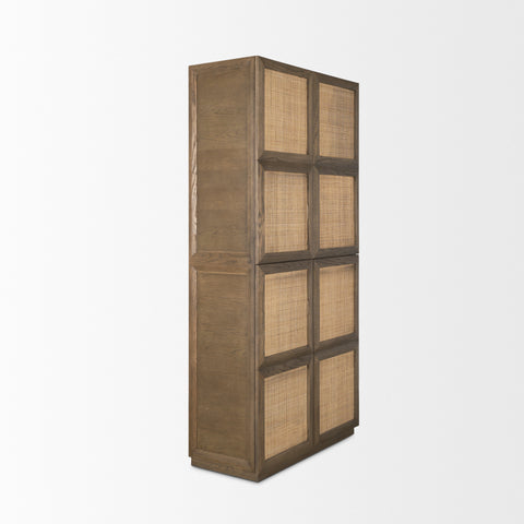 Sina Brown Solid Oak and Natural Rattan Curio Cabinet -4