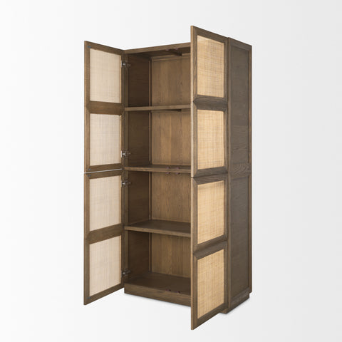 Sina Brown Solid Oak and Natural Rattan Curio Cabinet -5