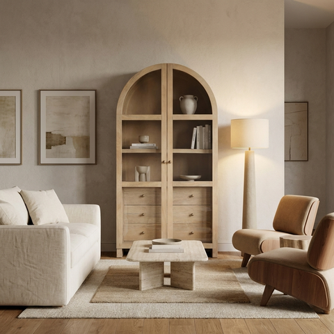 Suri Light Brown Mango Wood Arched Curio Cabinet 