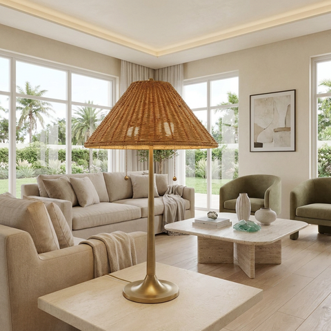Viana Antique Brass and Rattan Table Lamp