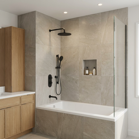 ShowerBox02N Electro Black 3-Way Shared Thermostatic Tub and Shower Kit with 12-Inch Rainhead - Aquabrass