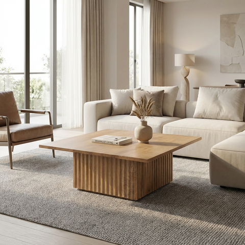 Modern living room with a wooden coffee table, beige sofa, and armchair.