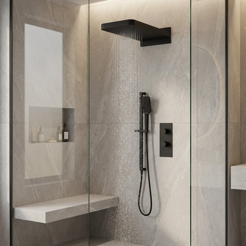 MiamiBox04G Black 3-Way Non-Shared Thermostatic Shower Kit with Dual-Function Aquasheet Rainhead - Aquabrass