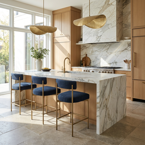 Modern kitchen with marble island, wooden cabinets, and blue stools.