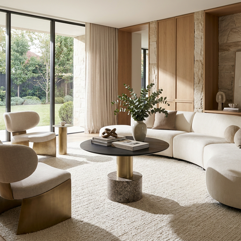 Modern living room with white sofa, round coffee table, and large windows.