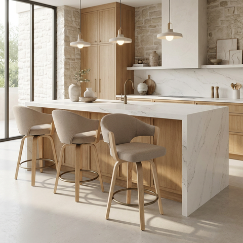 Modern kitchen with marble island and bar stools