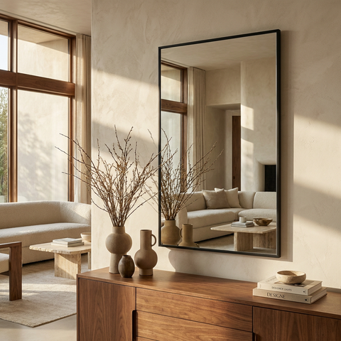 Modern living room with a large mirror, wooden console table, and decorative items.
