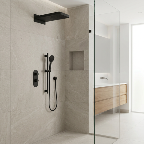 ShowerBox04 Electro Black 3-Way Non-Shared Thermostatic Shower Kit with Dual-Function Aquasheet Rainhead - Aquabrass