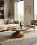 Modern living room with a wooden coffee table, sofa, and armchair.