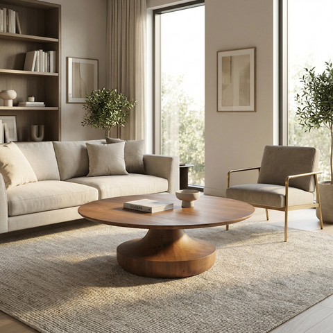 Modern living room with a wooden coffee table, sofa, and armchair.