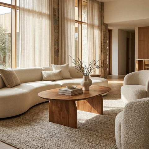 Modern living room with a wooden coffee table and beige sofa.