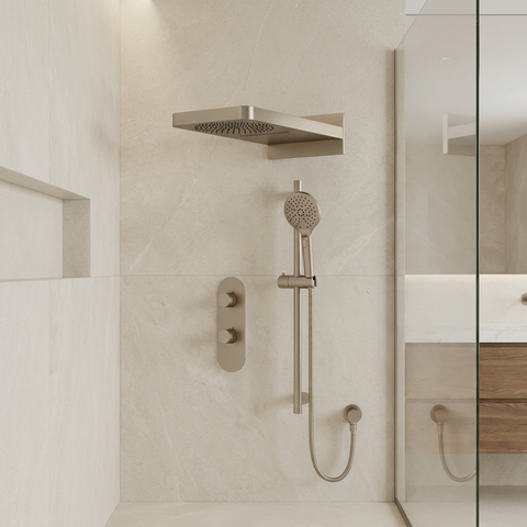 ShowerBox04 Brushed Nickel 3-Way Non-Shared Thermostatic Shower Kit with Dual-Function Aquasheet Rainhead - Aquabrass