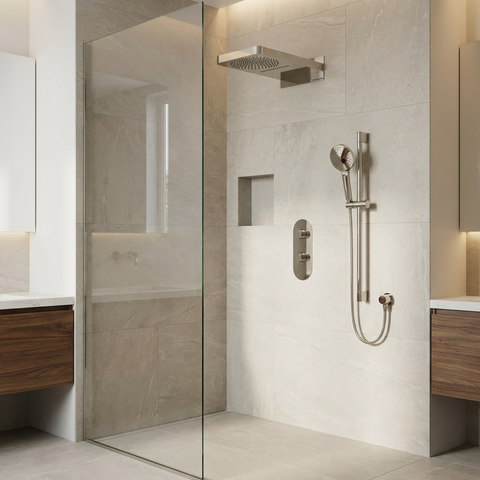 ShowerBox04 Polished Nickel 3-Way Shared Thermostatic Shower Kit with Dual-Function Aquasheet Rainhead - Aquabrass