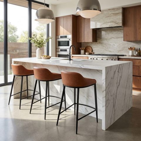 Modern kitchen with marble island and bar stools