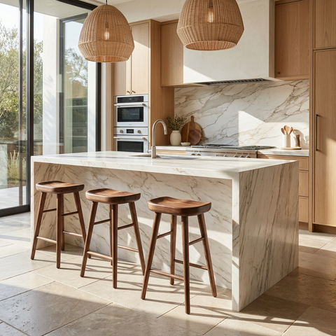 Modern kitchen with marble island, wooden stools, and stainless steel appliances.