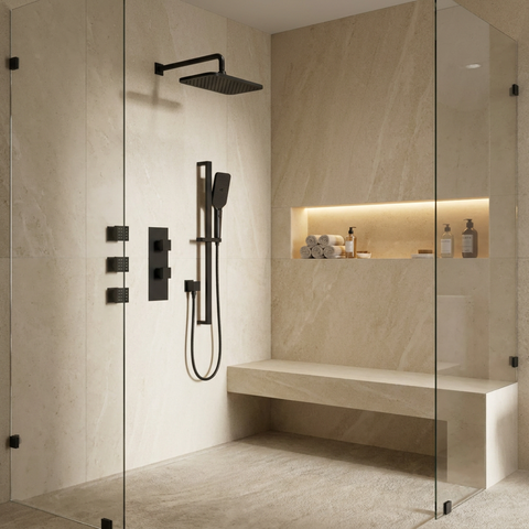 MiamiBox03G Black 3-Way Non-Shared Thermostatic Shower Kit with 3 Body Jets 
