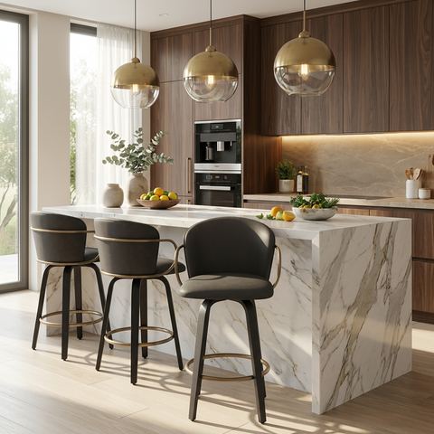 Modern kitchen with marble island, bar stools, and pendant lights.
