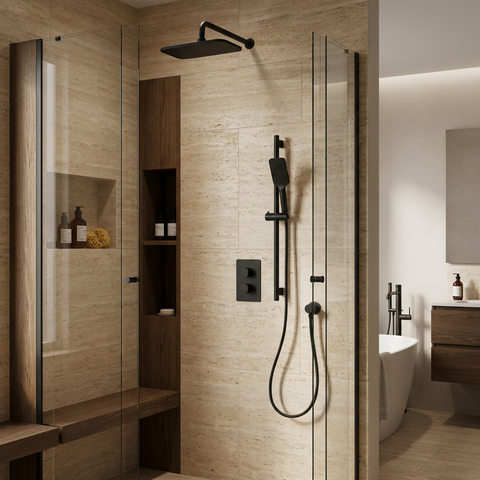 INABOX01 Electro Black 2-Way Non-Shared Thermostatic Shower Kit with 14" x 8" Rectangular Rainhead - Aquabrass