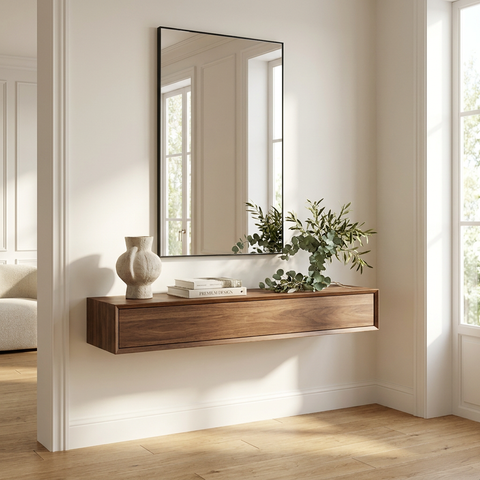 Wooden console table with mirror and decorative items in a bright room.