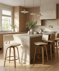 Modern kitchen with marble island and wooden stools