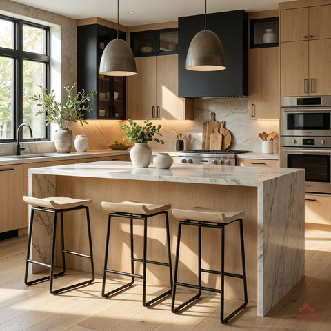 Modern kitchen with marble island, stools, and stainless steel appliances.
