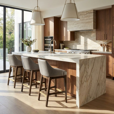 Modern kitchen with marble island and wooden chairs
