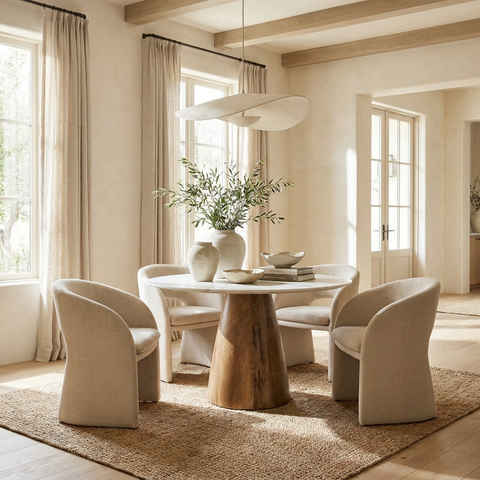 Dining room with a wooden table and beige chairs, featuring a large window and neutral decor.