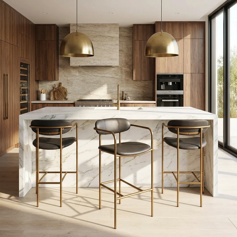 Modern kitchen with marble island, bar stools, and wooden cabinets.