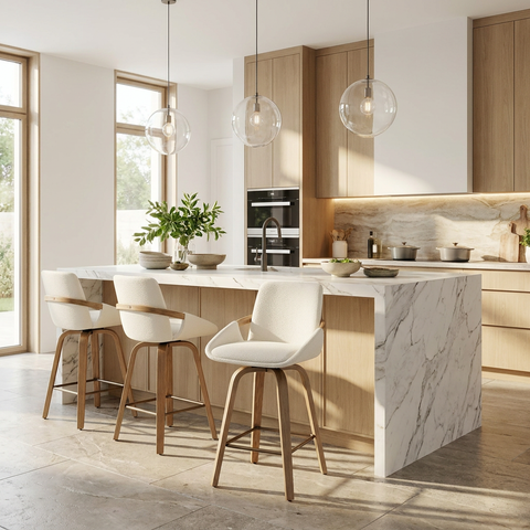Modern kitchen with marble island, wooden chairs, and pendant lights.