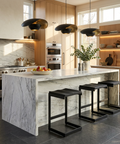 Modern kitchen with marble island and stools