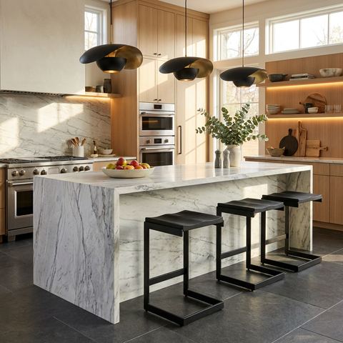 Modern kitchen with marble island and stools