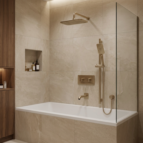 INABOX02 Brushed Nickel 3-Way Shared Thermostatic Shower Kit with Rectangular Rainhead and Tub Spout - Aquabrass