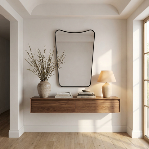 Modern interior with a wooden console table, mirror, and lamp.